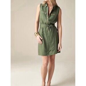 NEW! J. Crew Front Zip Linen Blend Dress with Waist Belt Sleeveless Green SZ 6